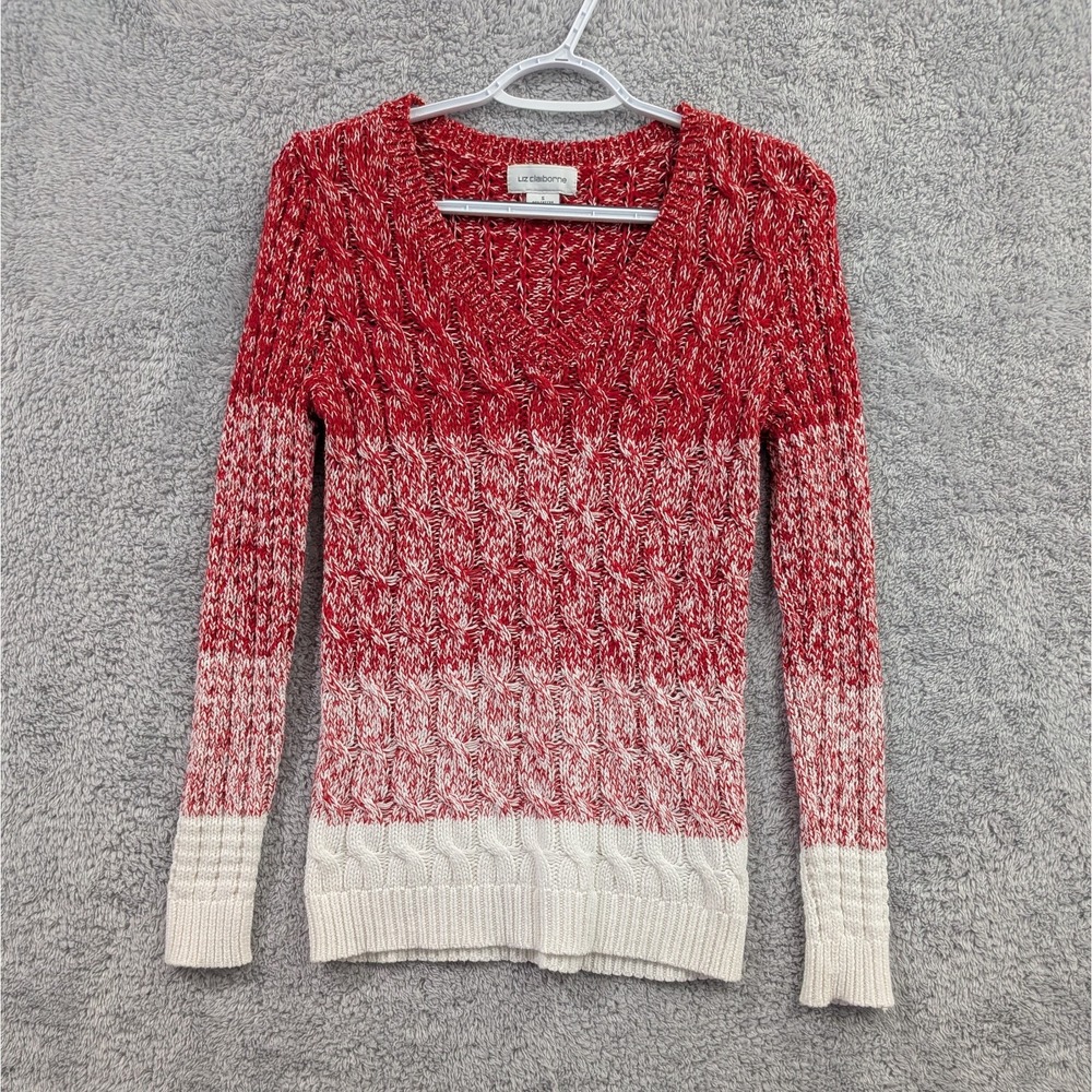 Liz Claiborne Sweater Women Small Red Ombre Cable Knit V-Neck Marled Long Sleeve